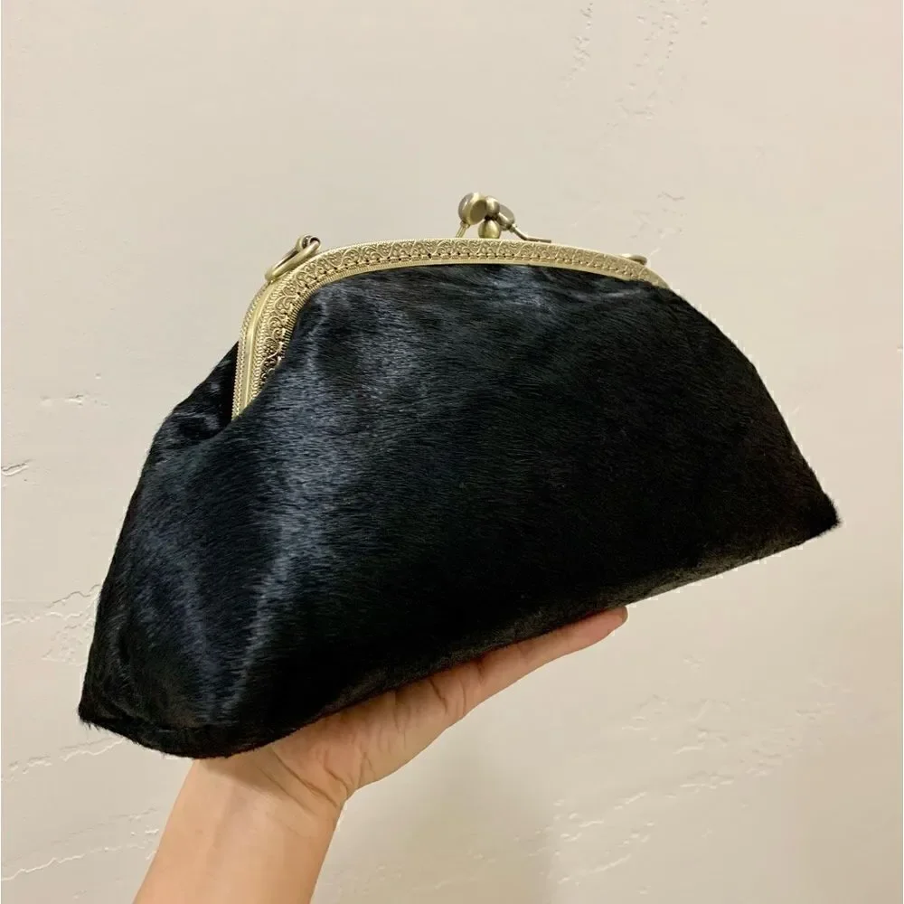 Black Real Hair-on-horsehide Handsewn Double Kiss-lock Clutch Bag/Crossbody